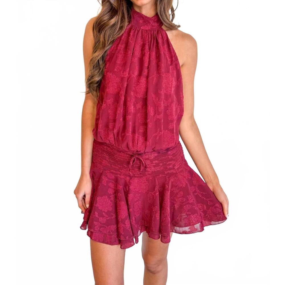 NEW SKY TO MOON wine floral backless mini dress in crimson
